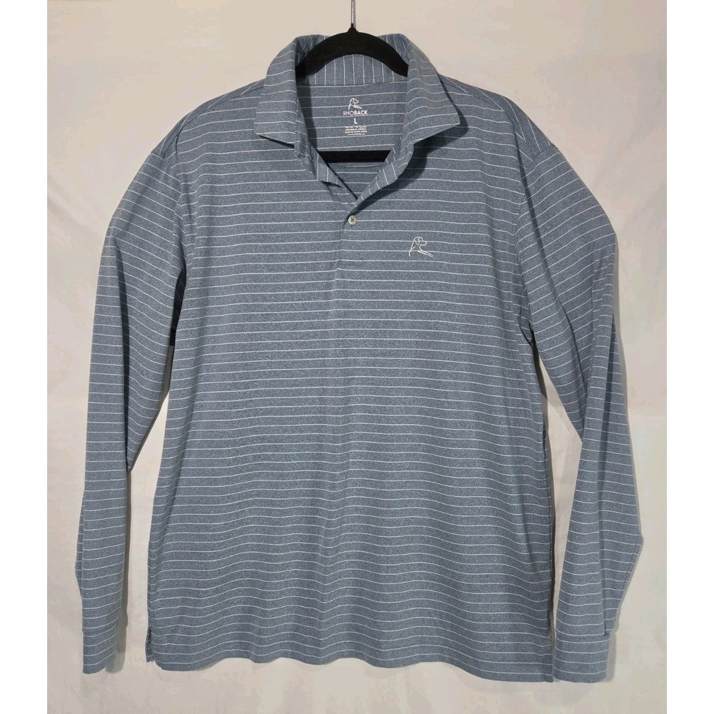 Rhoback Mens Large Light Blue Striped Polo Long Sleeve Stretch Golf Performance